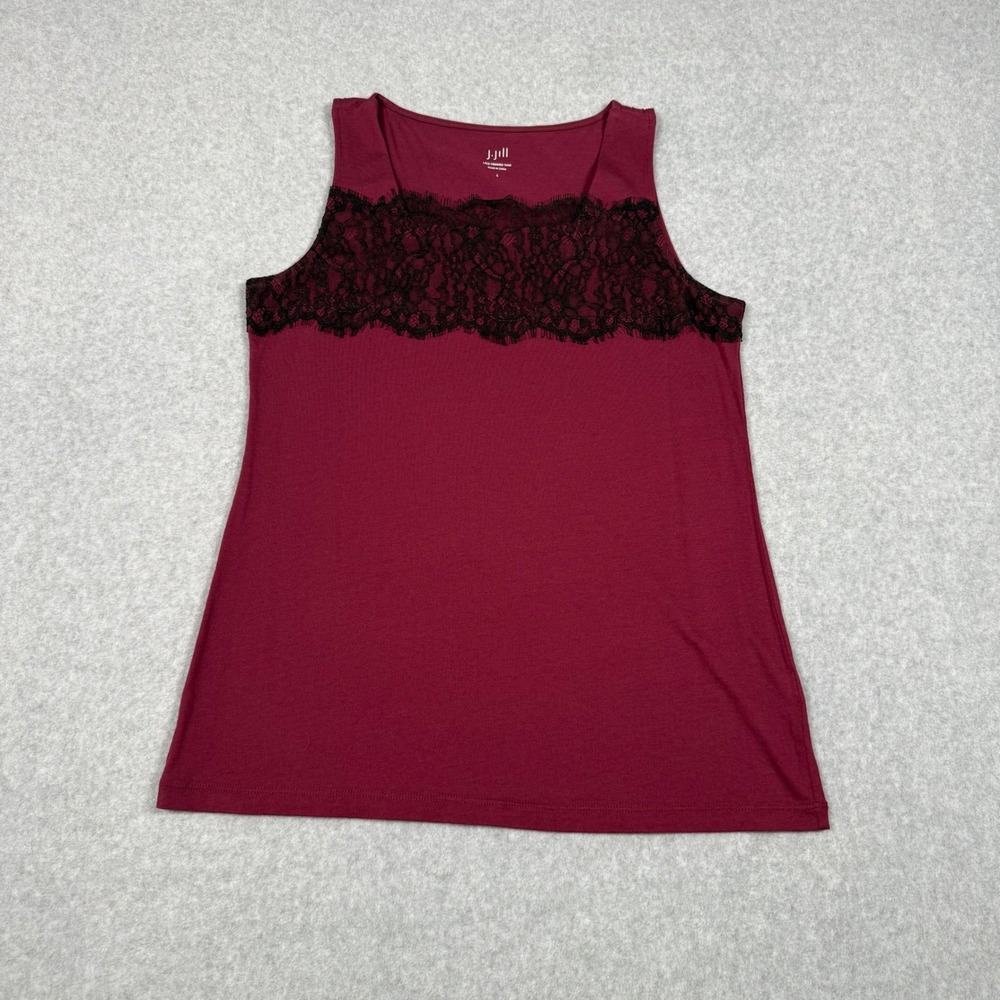 J. Jill Lace Trimmed Tank Top Cami Small Burgundy Red Black Sleeveless Knit S